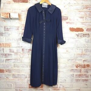 1940s A SAMUEL GROSSMAN DRESS Navy Satin Trim Bows Midi True Vintage